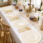 125PCS Ivory Scalloped Plastic Plates & Gold Silverware