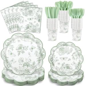 Sage Green Floral Party Supplies for 25 Guests