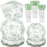 Sage Green Floral Party Supplies for 25 Guests