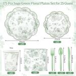 Sage Green Floral Party Supplies for 25 Guests