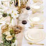 125PCS Ivory Scalloped Plastic Plates & Gold Silverware