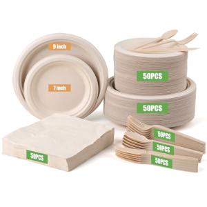 300 Pack Heavy-Duty Compostable Paper Plates Set