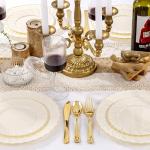 125PCS Ivory Scalloped Plastic Plates & Gold Silverware