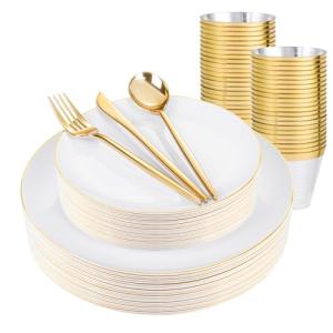 150-Count White & Gold Disposable Party Dinnerware