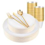 150-Count White & Gold Disposable Party Dinnerware
