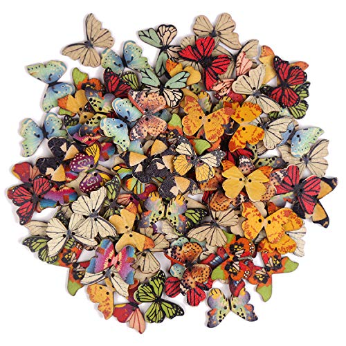 100 PCS Colorful Butterfly Wooden Buttons for DIY Scrapbooking
