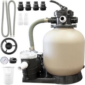 SWIMLINE HYDROTOOLS Complete Sand Filter System, 14" Tank - for Above-Ground & Inground Pools Up to 10,500 Gallons, Single Speed Pump, 0.45 THP, 2,400 GPH, 4-Way Multi-Port Valve, 60 lb Capacity
