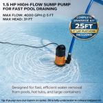 Limodot Submersible Water Pump With 25ft. Hose Kit, Sump Pump, Utility Pump with 25-Foot Power Cord, 4000GPH, Portable Water Pump for Swimming Pools, Garden Ponds, Basements, Multi-Purpose Drainage