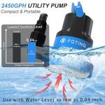 FOTING 1/2HP Submersible Water Pump with Stainless Steel Base - Removes Water to 0.04" Depth, 2450GPH Portable Sump Pump for Puddles, Pools, Boats, Gardens & Ponds - 10Ft Cord Included