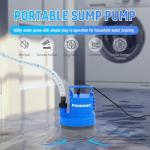 PANRANO 1/3 HP Submersible Water Pump 2000 GPH Portable Small Sump Pump For Pool Cover, Basements, Puddles, Gardens Ponds With 16.4 Ft Power Cord and Hose Adapters, Blue