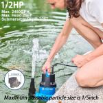 FOTING 1/2HP Submersible Water Pump with Stainless Steel Base - Removes Water to 0.04" Depth, 2450GPH Portable Sump Pump for Puddles, Pools, Boats, Gardens & Ponds - 10Ft Cord Included