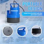 PANRANO 1/3 HP Submersible Water Pump 2000 GPH Portable Small Sump Pump For Pool Cover, Basements, Puddles, Gardens Ponds With 16.4 Ft Power Cord and Hose Adapters, Blue