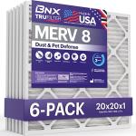 BNX TruFilter 20x20x1 Air Filter MERV 8 (6-Pack) - MADE IN USA – Dust & Pet Defense Electrostatic Pleated Air Conditioner HVAC AC Furnace Filters for Dust, Pet, Mold, Pollen MPR 600 – 700 & FPR 5