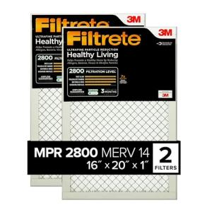 Filtrete 16x20x1 Air Filter, MPR 2800, MERV 14, Healthy Living Ultrafine Particle Reduction 3-Month Pleated 1-Inch Air Filters, 2 Filters