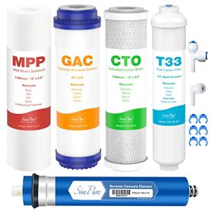 SimPure 5-Stage Reverse Osmosis Replacement Filter Set with 75 GPD RO Membrane, 5pc Pre & Post Replacement Cartridge Pack Kit for Standard 10-icnh 5-Stage Reverse Osmosis RO Systems