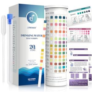 20 in 1 Water Tester for Drinking Water, Well Water Testing Kit, Suitable for Household Tap Water, Natural Water Quality Testing, Can Detect Water Hardness, Chlorine, Lead, Ph, Etc. (123 Test Strips)