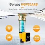 iSpring WSP50ARB Spin Down Sediment Water Filter, Reusable with Touch-Screen Auto Flushing Module and Built-in Housing Scraper, Brass Top Clear Housing, 50 Micron