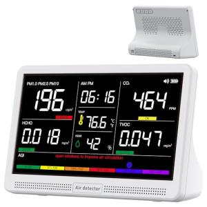 bonoch 16 in 1 Air Quality Monitor Indoor 7" Display 9 AQI+7 AQI Alerts, CO2 Monitor Air Quality Tester for CO2, TVOC, PM2.5 PM1.0 PM10, HCHO Temperature Humidity AQI & Time Air Quality Meter for Home