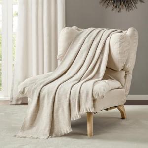 BOURINA Beige Faux Cashmere Fringe Throw Blanket