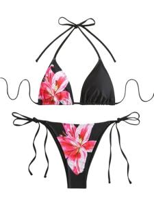 Floral Print Halter Neck Tie Bikini Set