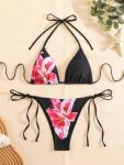 Floral Print Halter Neck Tie Bikini Set