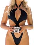 Cut Out Halter Thong One Piece Swimsuit