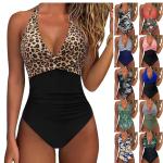 Leopard Print Pleated One Piece Swimsuit
