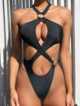 Cut Out Halter Thong One Piece Swimsuit