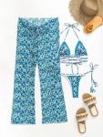 Triangle Print Halter Bikini Set with Mesh Pants
