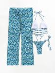 Triangle Print Halter Bikini Set with Mesh Pants