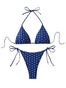 Dark Blue Polka Dot Halter Bikini Set
