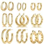 9 Pairs Gold Chunky Hoop Earrings for Women