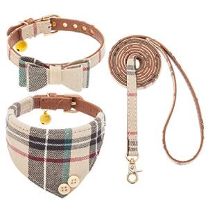 EXPAWLORER Dog Collar and Leash Set - Classic Plaid Dog Bow Tie and Dog Bandana Collar with Bell, Dog Leash Tangle Free, Adjustable Collars for Small Medium Large Dogs Cats, Holiday Ideal Gift, S