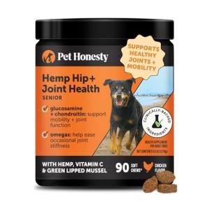 Senior Hemp Hip and Joint Supplement for Dogs - Glucosamine Chondroitin, MSM & Green Lipped Mussel - Relief for Joint Stiffness, Advanced Strength Mobility Support for Senior Dogs (Chicken, 90 Ct)