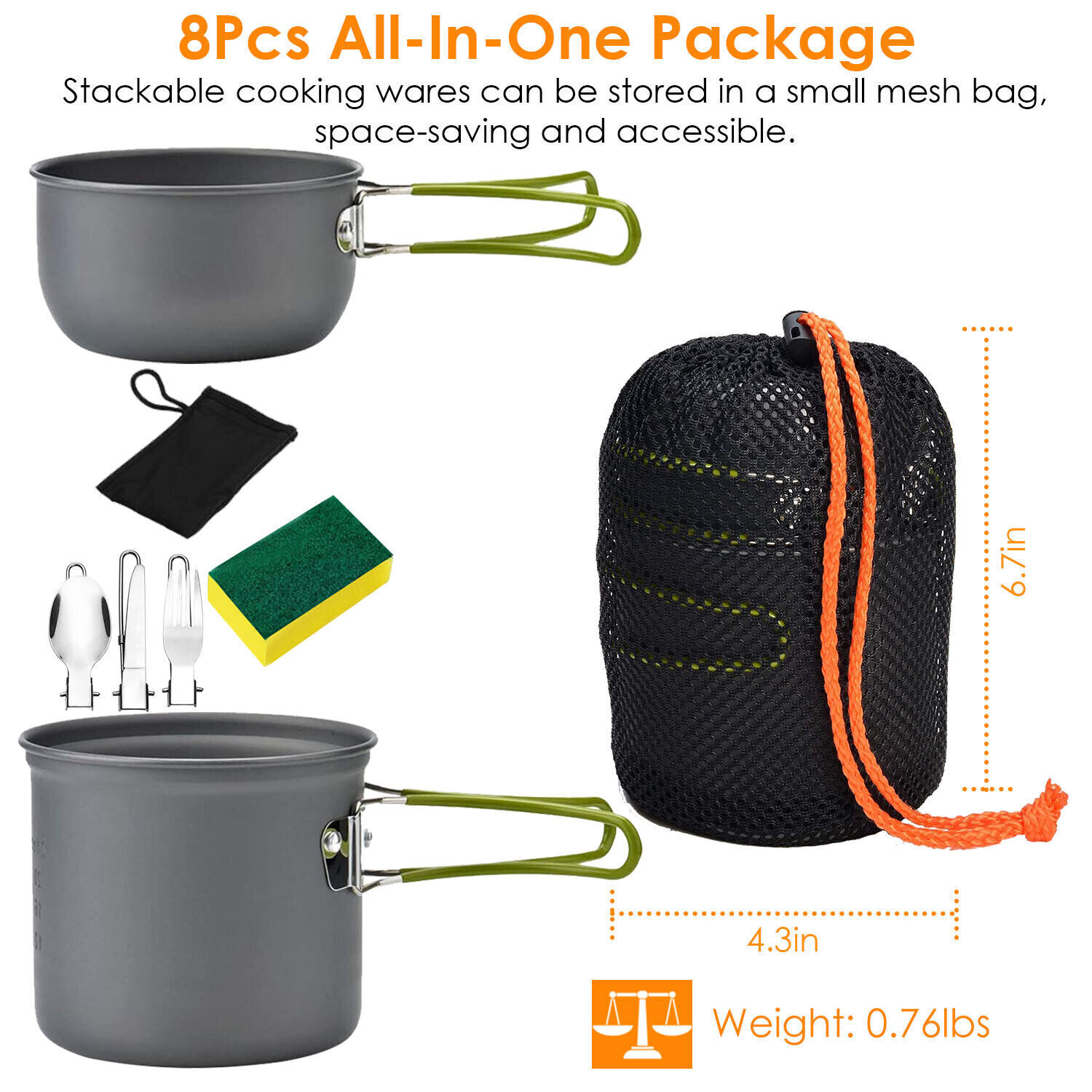8-Piece Camping Cookware Set with Pot and Fork