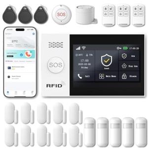 WiFi Wireless Alarm System for Home Security - 24/7 Protection Smart Home Devices 4.3" Touch Screen, GSM/4G+WiFi, App Instant Alerts, No Monthly Fee, Alexa Compatible for Villa, Kids Safety (24 pcs)
