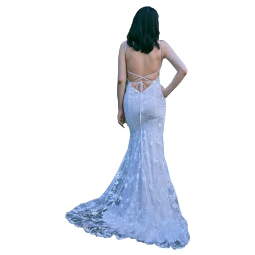 Lace Applique Mermaid Wedding Dress with Spaghetti Straps