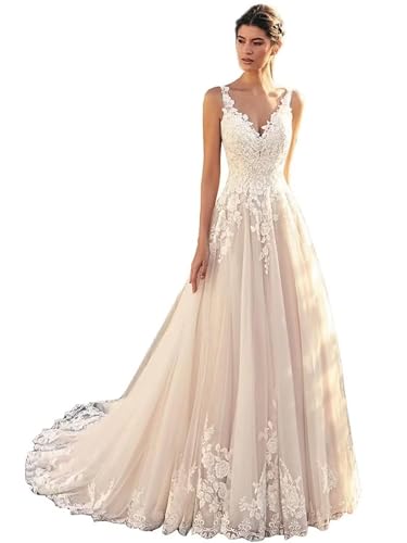 Ivory Lace V Neck Sleeveless Wedding Dress
