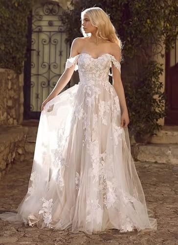 Off Shoulder Lace Wedding Dress with Open Back
