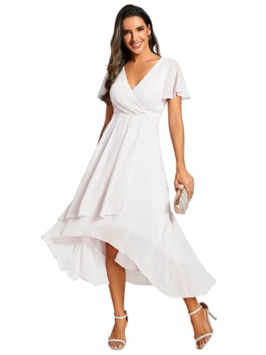 White A-Line V Neck Ruffle Sleeve Wedding Dress 22