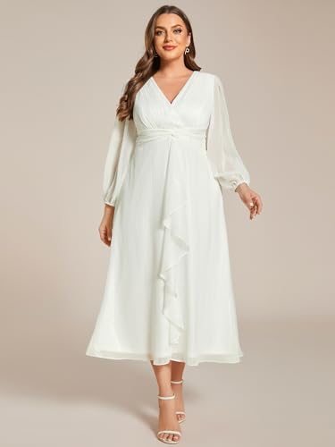 Plus Size Cream V Neck A-Line Midi Dress