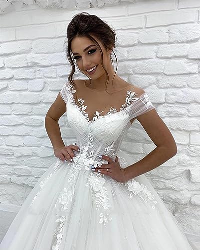 White Lace Tulle Ball Gown Wedding Dress