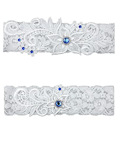 Floral Lace Wedding Garters with Blue Rhinestone