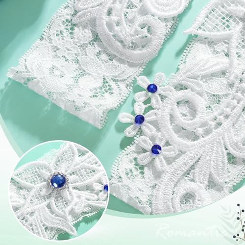 Floral Lace Wedding Garters with Blue Rhinestone