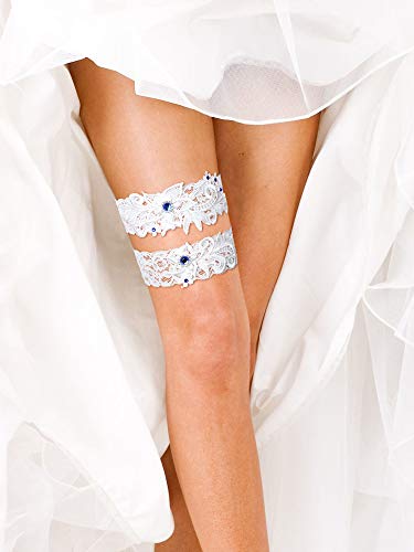 Floral Lace Wedding Garters with Blue Rhinestone