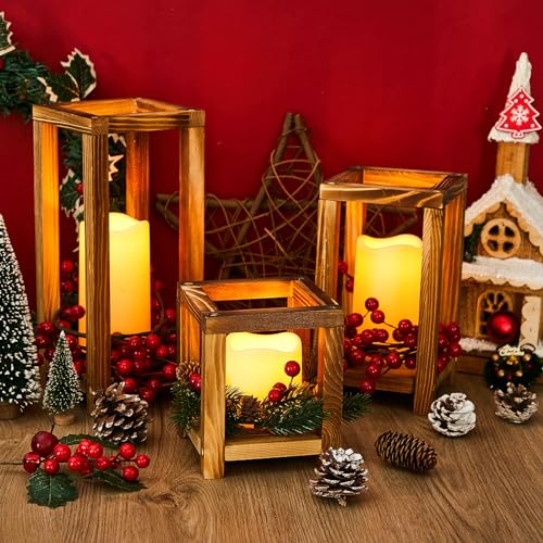 24 Wooden Lanterns with Flameless LED Candles