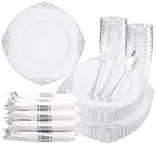 350PCS Silver Disposable Dinnerware Set for 50