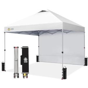 CROWN SHADES 10x10 Pop Up Canopy with 1 Side Wall - Beach Tent with One Push Setup - Outdoor Sun Shade for Events, Parties, Camping - Gazebo with STO-N-Go Cover Bag (White)
