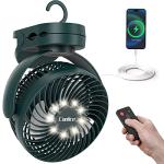 Camping Fan with Remote Control - 12000mAh Rechargeable Battery Powered Fan, Camping Fans for Tents with LED light & Hanging Hook, Rechargeable Battery Operated Ceiling Fans for Tent RV Bed, Green
