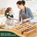 Calmbee 9 in 1 Bamboo Storage Bag Organizer for Kitchen Drawer – Plastic Wrap Dispenser with Cutter & Foil Organizer, Wooden Baggie Organizer for Sandwich, Snack, Gallon, Quart Sizes, Natural